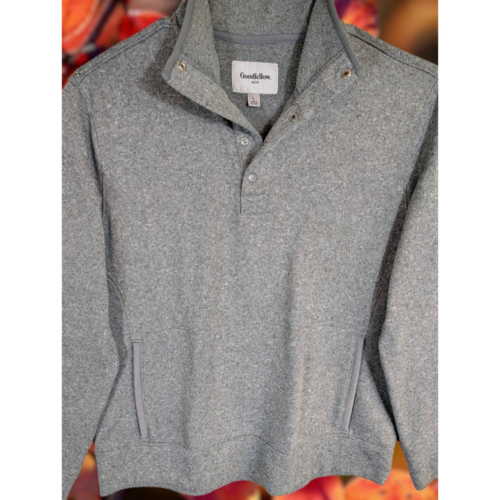 Goodfellow & Co Mens Sz L Grey Heathered Snap Mock Neck Fleece Pullover Sweater